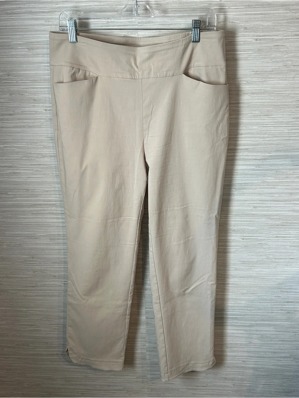 J.McLaughlin Size 12 Light Sand Tan Pull On Ankle Pants Curved Hem Stretch